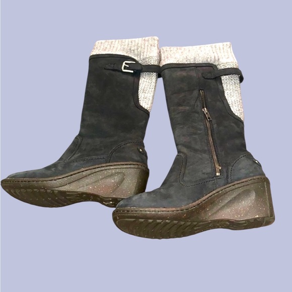 UGG Shoes - UGG Australia Black Knit Cuff Wedge Boots Size 8 Suede Wool Lined